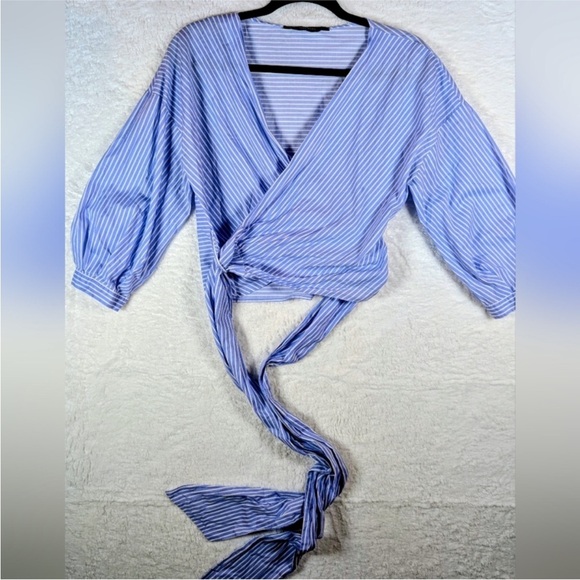 Zara Blue and White Striped wrap Blouse small - Picture 2 of 6